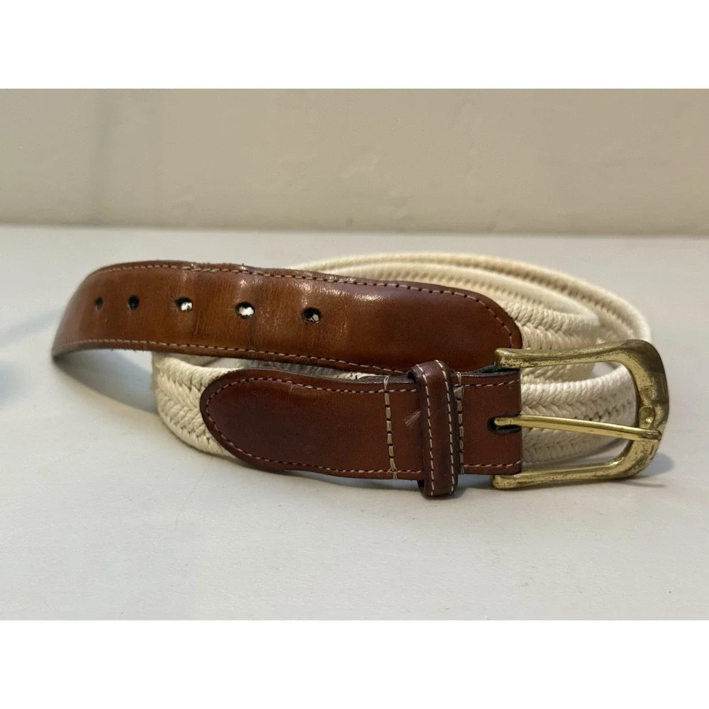 Vintage Torino brown leather belt 40 Solid Brass Buckle Woven‎ Beige Braided